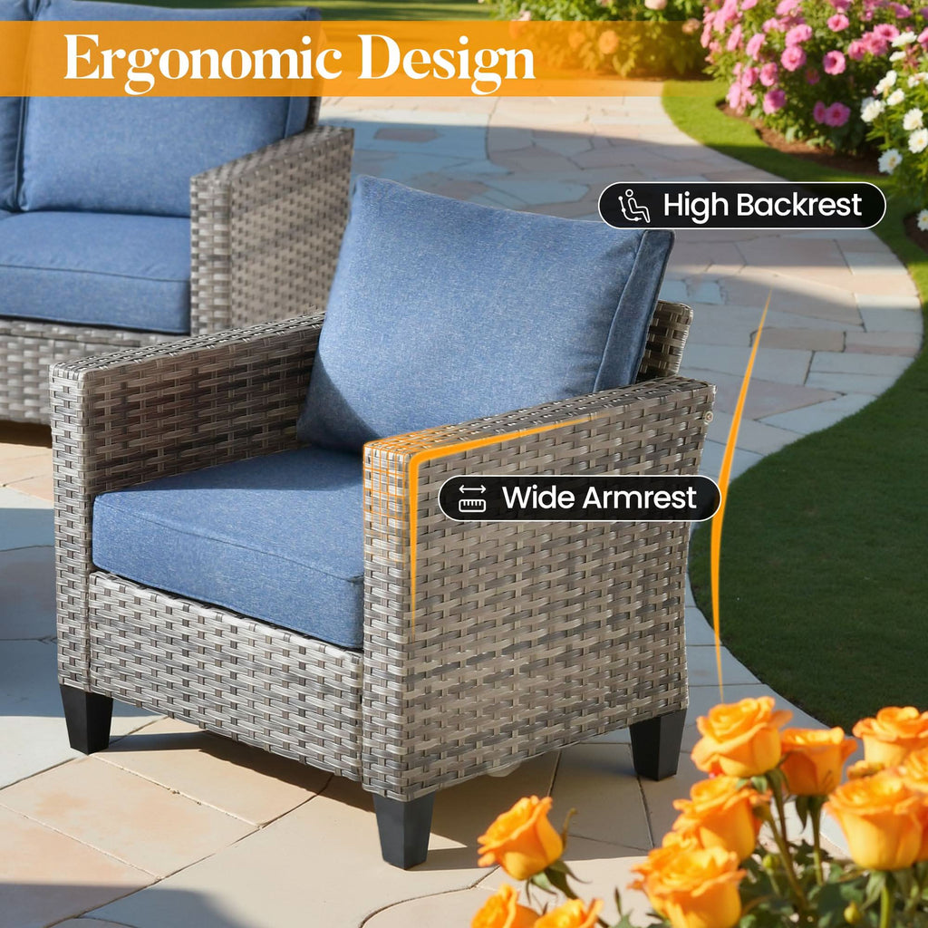 OVIOS Outdoor Patio Conversation Set with Fire Pit Table – Modern Wicker Sofa Seating