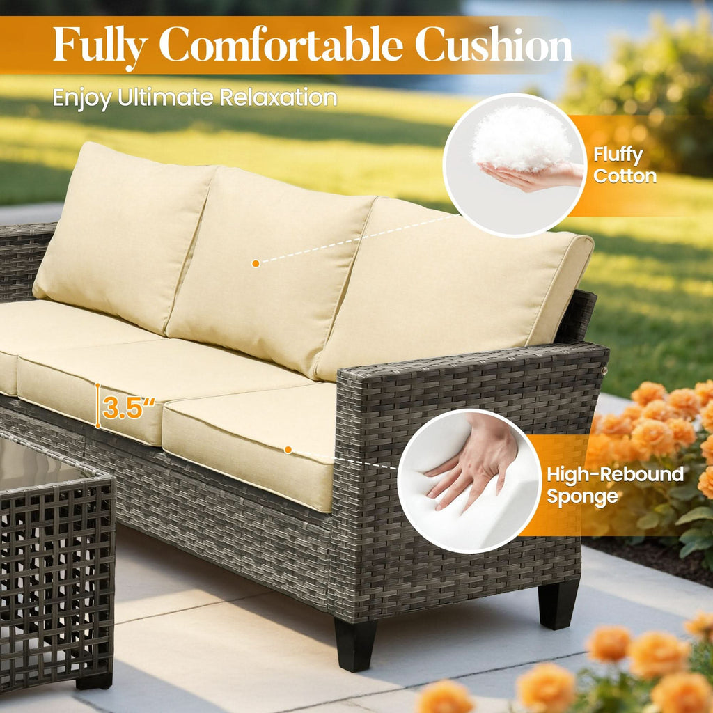 OVIOS Outdoor Patio Conversation Set with Fire Pit Table – Modern Wicker Sofa Seating