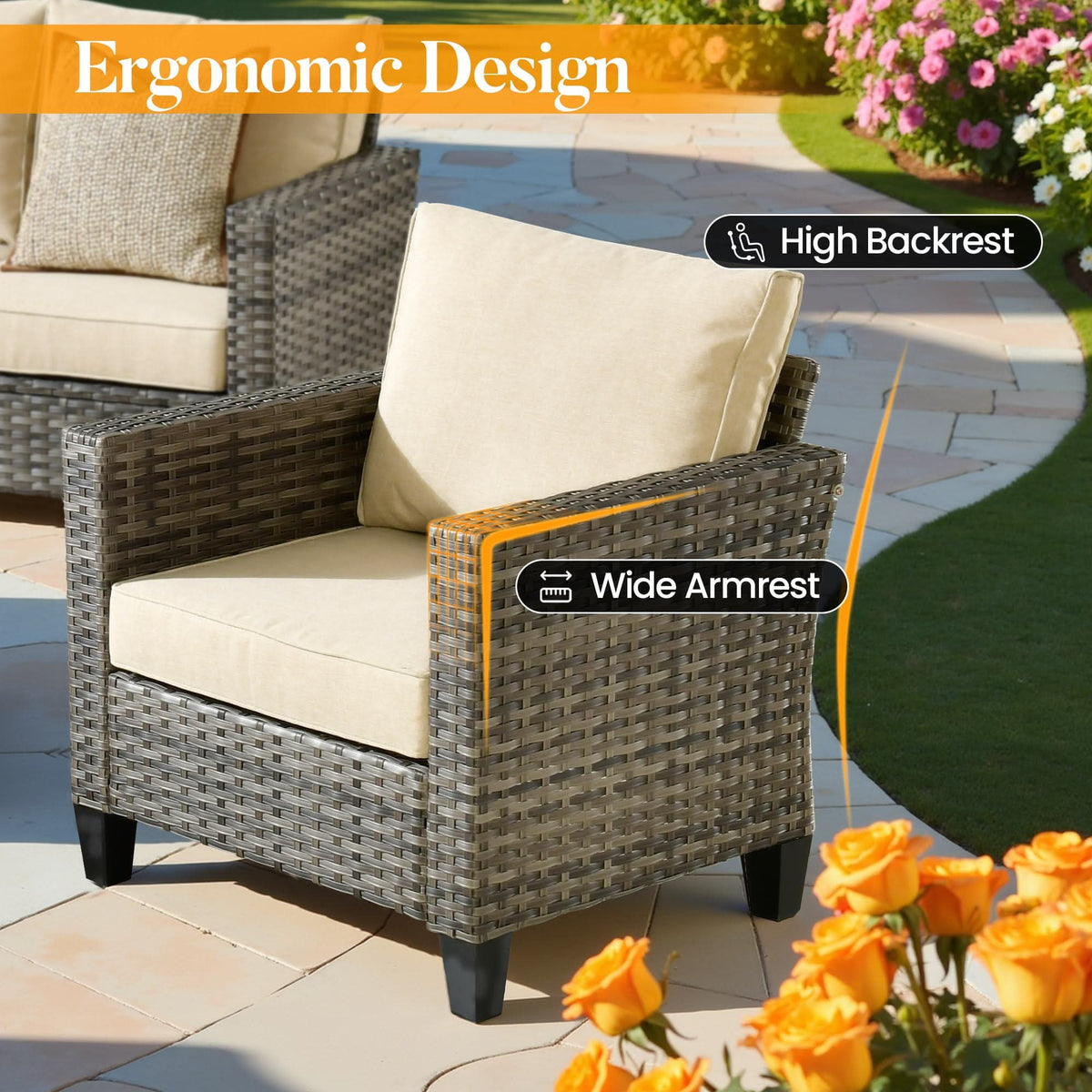 OVIOS Outdoor Patio Conversation Set with Fire Pit Table – Modern Wicker Sofa Seating