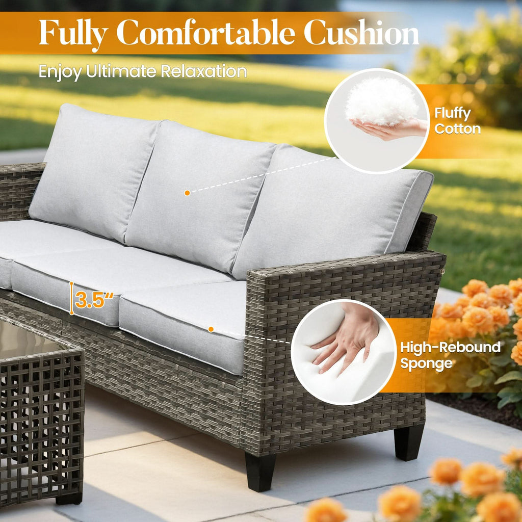OVIOS Outdoor Patio Conversation Set with Fire Pit Table – Modern Wicker Sofa Seating