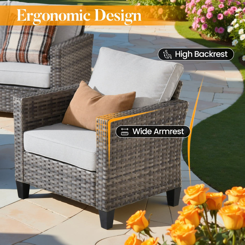 OVIOS Outdoor Patio Conversation Set with Fire Pit Table – Modern Wicker Sofa Seating