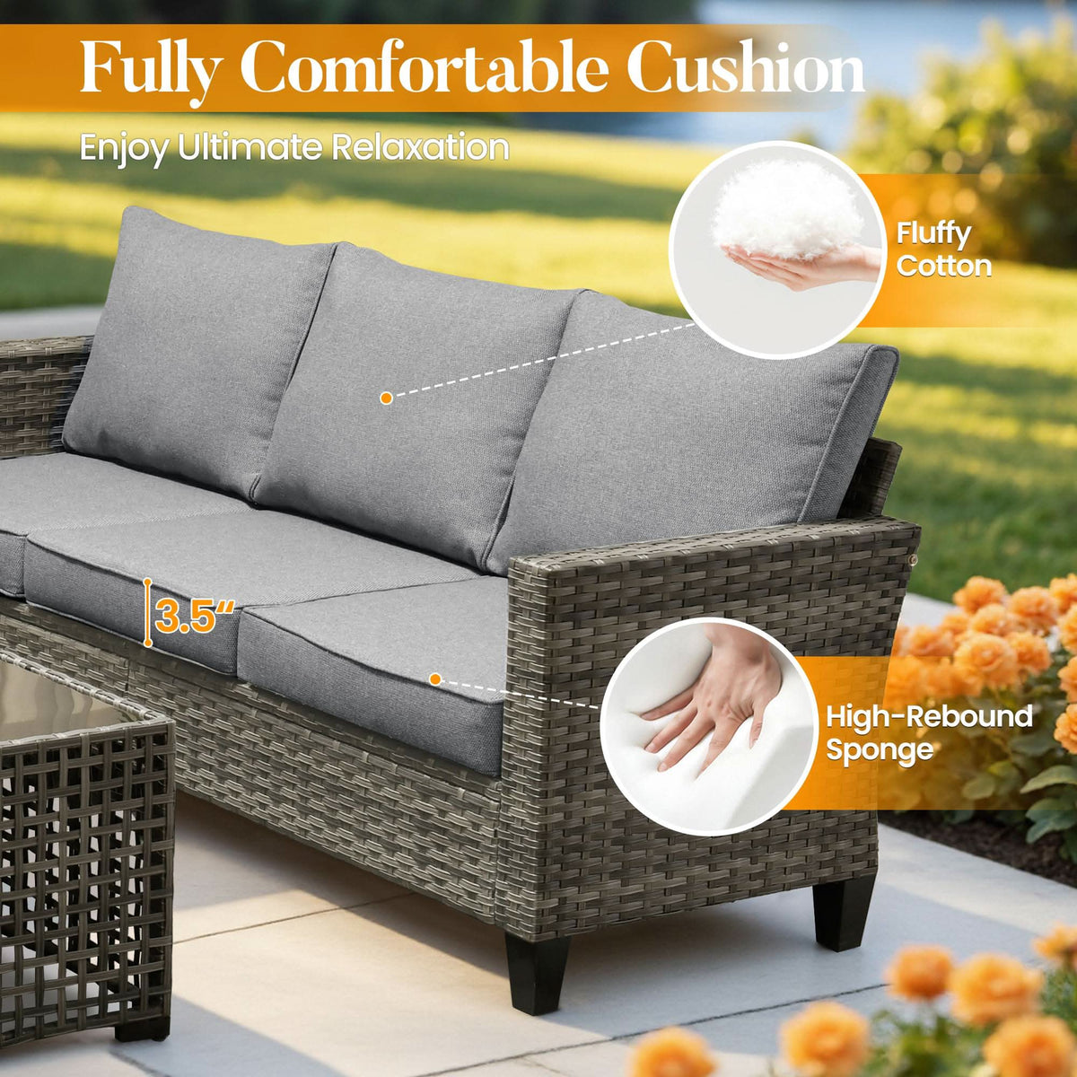 OVIOS Outdoor Patio Conversation Set with Fire Pit Table – Modern Wicker Sofa Seating
