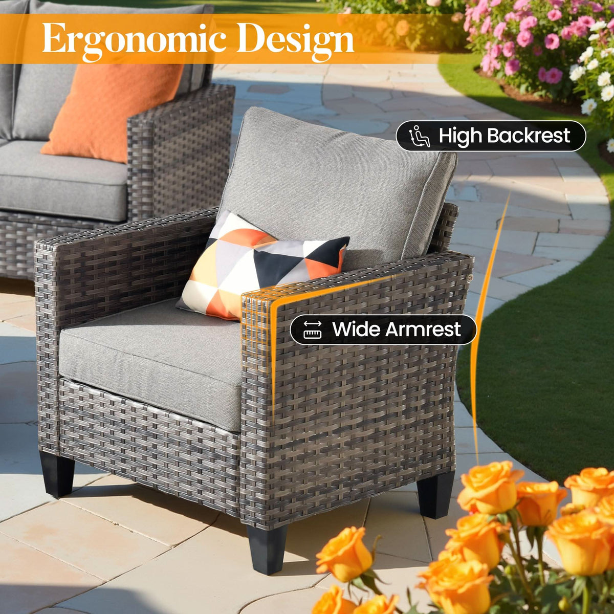 OVIOS Outdoor Patio Conversation Set with Fire Pit Table – Modern Wicker Sofa Seating