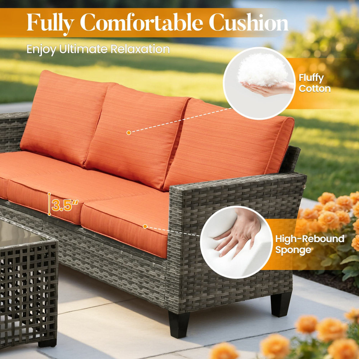 OVIOS Outdoor Patio Conversation Set with Fire Pit Table – Modern Wicker Sofa Seating