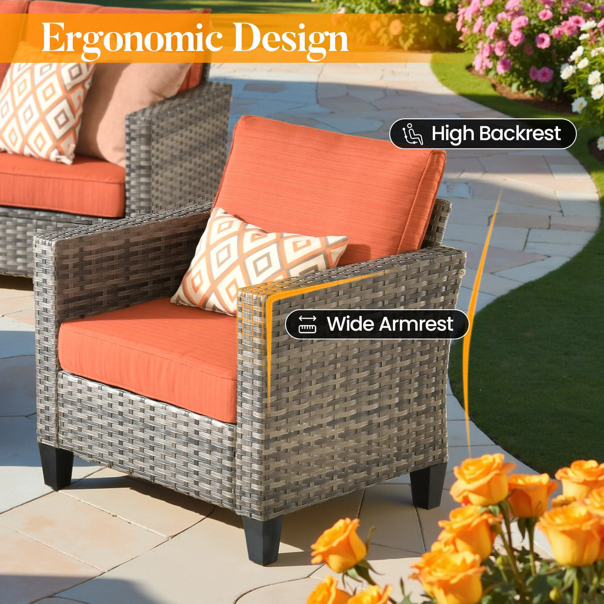 OVIOS Outdoor Patio Conversation Set with Fire Pit Table – Modern Wicker Sofa Seating