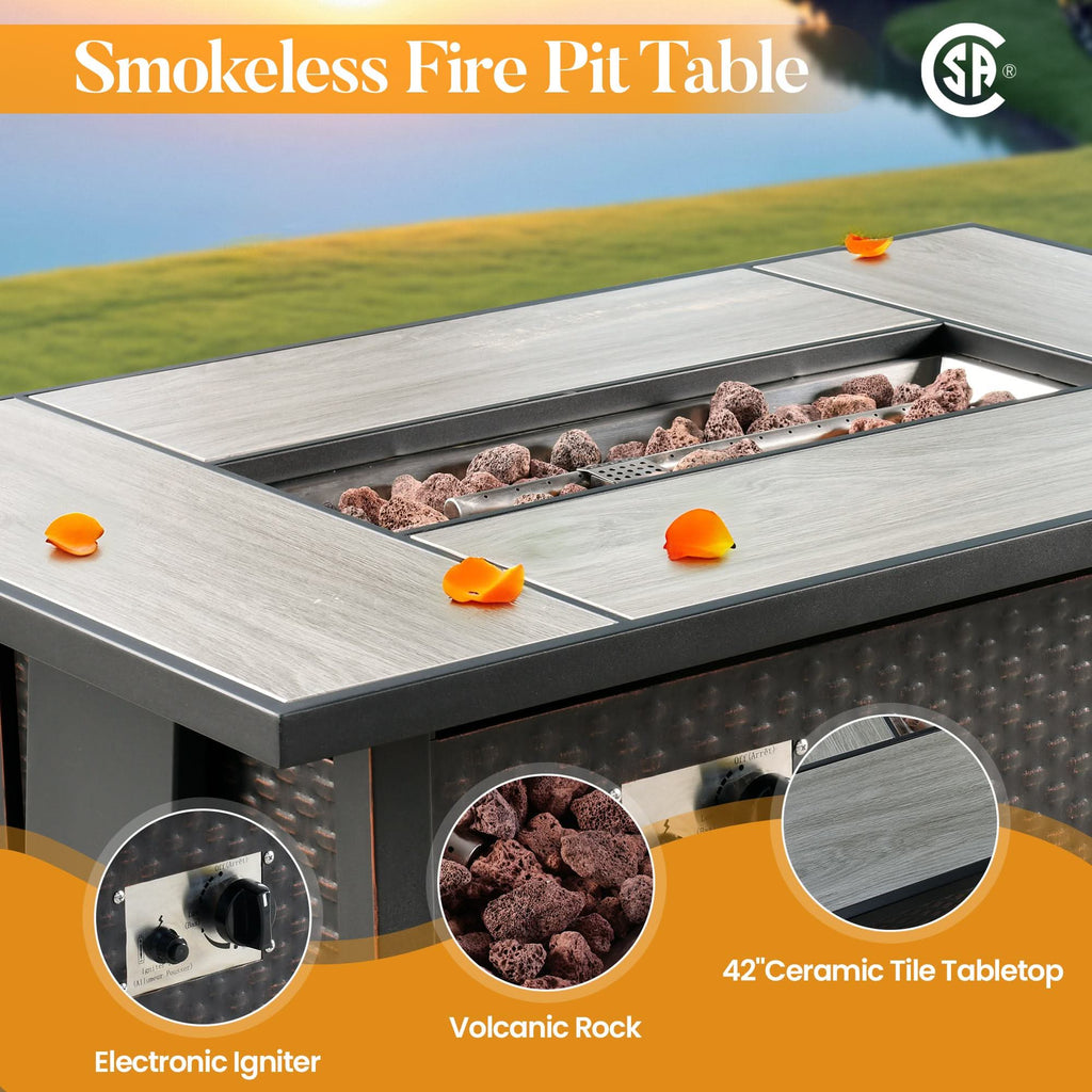 OVIOS Outdoor Patio Conversation Set with Fire Pit Table – Modern Wicker Sofa Seating