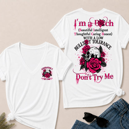 I'm A Bitch (Beautiful Intelligent Thoughtful Caring Honest) With A Low Bullshit Tolerance Don't Try Me V-Neck T-Shirt