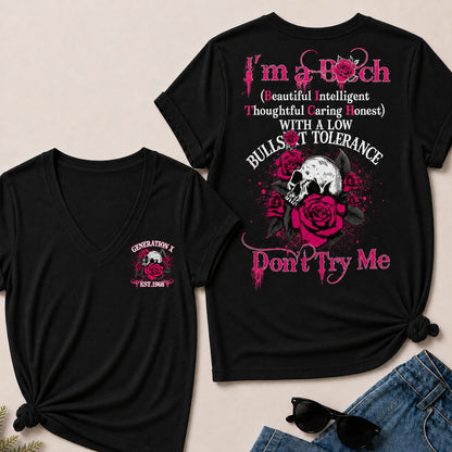I'm A Bitch (Beautiful Intelligent Thoughtful Caring Honest) With A Low Bullshit Tolerance Don't Try Me V-Neck T-Shirt