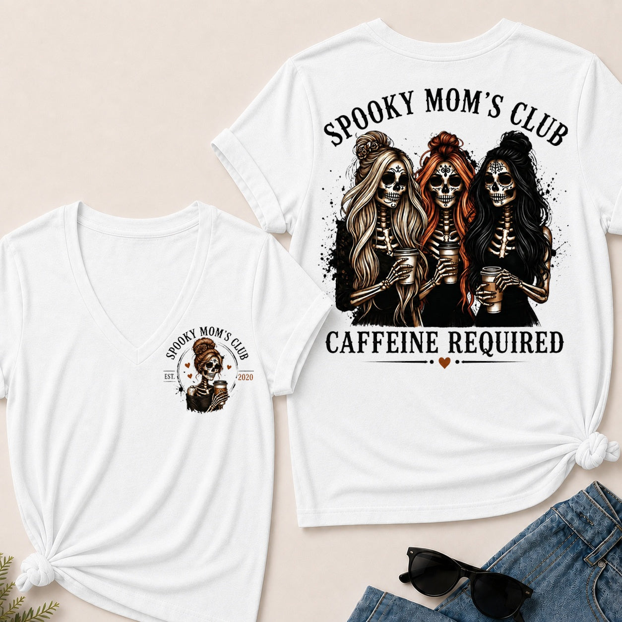 Spooky Mom's Club Caffeine Required V-Neck T-Shirt