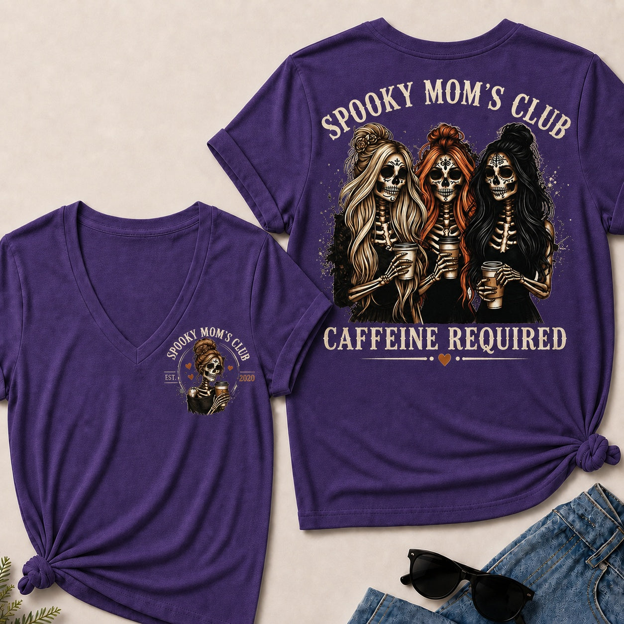 Spooky Mom's Club Caffeine Required V-Neck T-Shirt