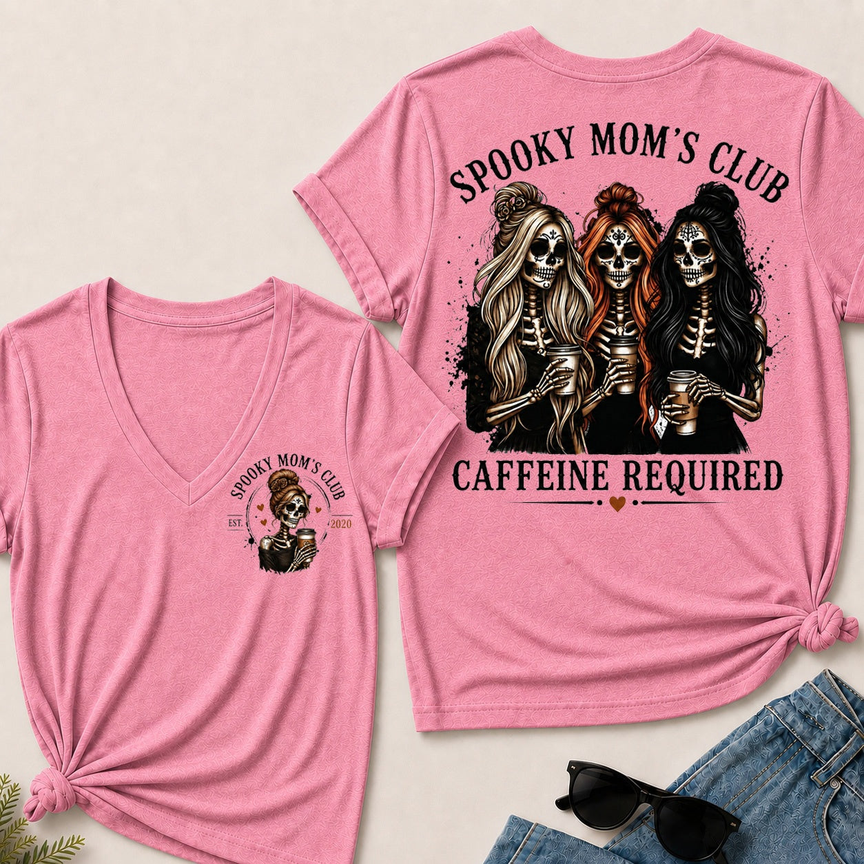 Spooky Mom's Club Caffeine Required V-Neck T-Shirt