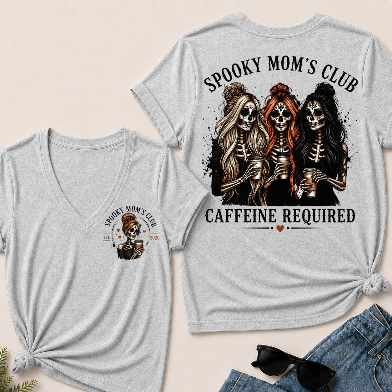 Spooky Mom's Club Caffeine Required V-Neck T-Shirt