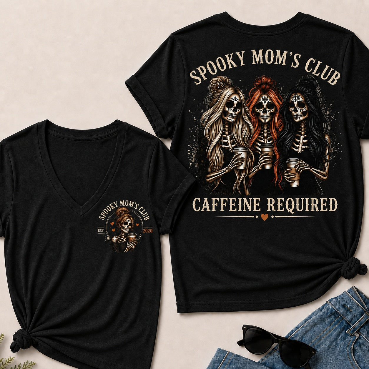 Spooky Mom's Club Caffeine Required V-Neck T-Shirt
