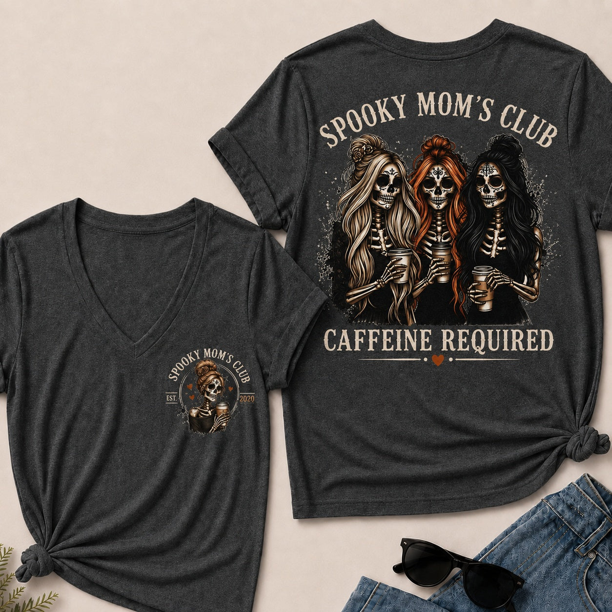Spooky Mom's Club Caffeine Required V-Neck T-Shirt