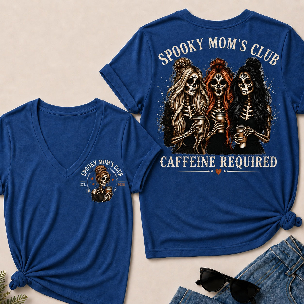 Spooky Mom's Club Caffeine Required V-Neck T-Shirt