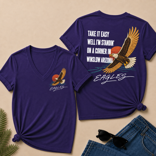 Take It Easy Well I’m Standin’ On A Corner In Winslow Arizona Eagles V-Neck T-Shirt
