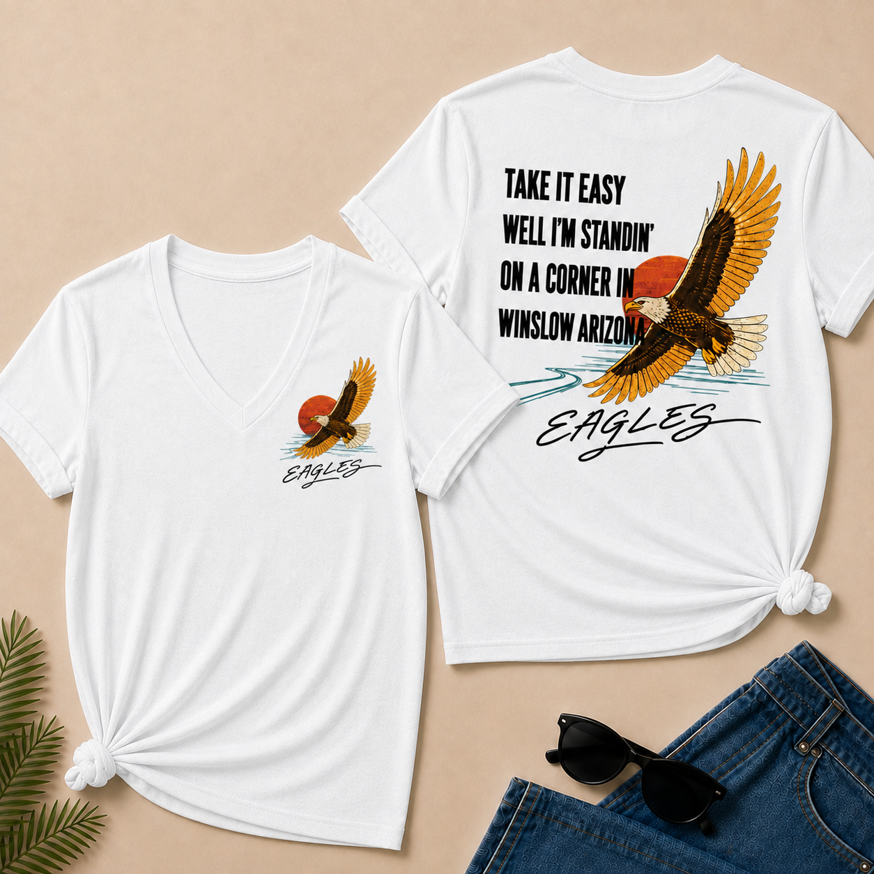 Take It Easy Well I’m Standin’ On A Corner In Winslow Arizona Eagles V-Neck T-Shirt