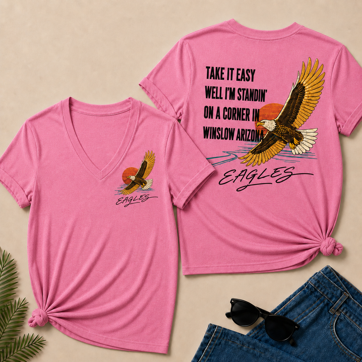 Take It Easy Well I’m Standin’ On A Corner In Winslow Arizona Eagles V-Neck T-Shirt