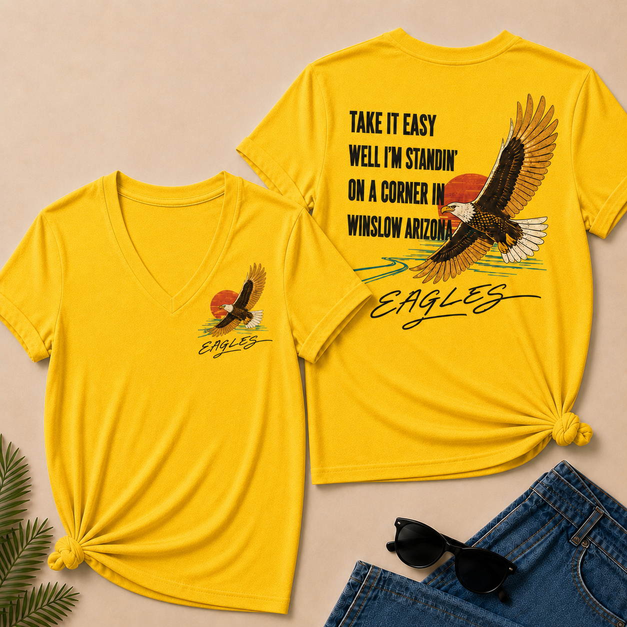Take It Easy Well I’m Standin’ On A Corner In Winslow Arizona Eagles V-Neck T-Shirt