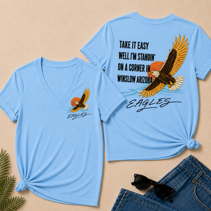 Take It Easy Well I’m Standin’ On A Corner In Winslow Arizona Eagles V-Neck T-Shirt