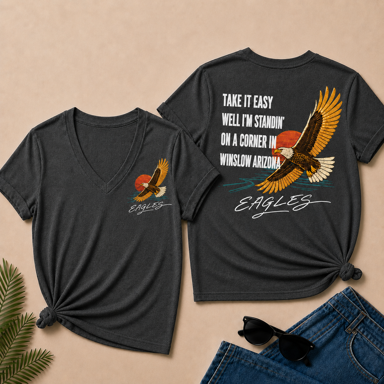 Take It Easy Well I’m Standin’ On A Corner In Winslow Arizona Eagles V-Neck T-Shirt