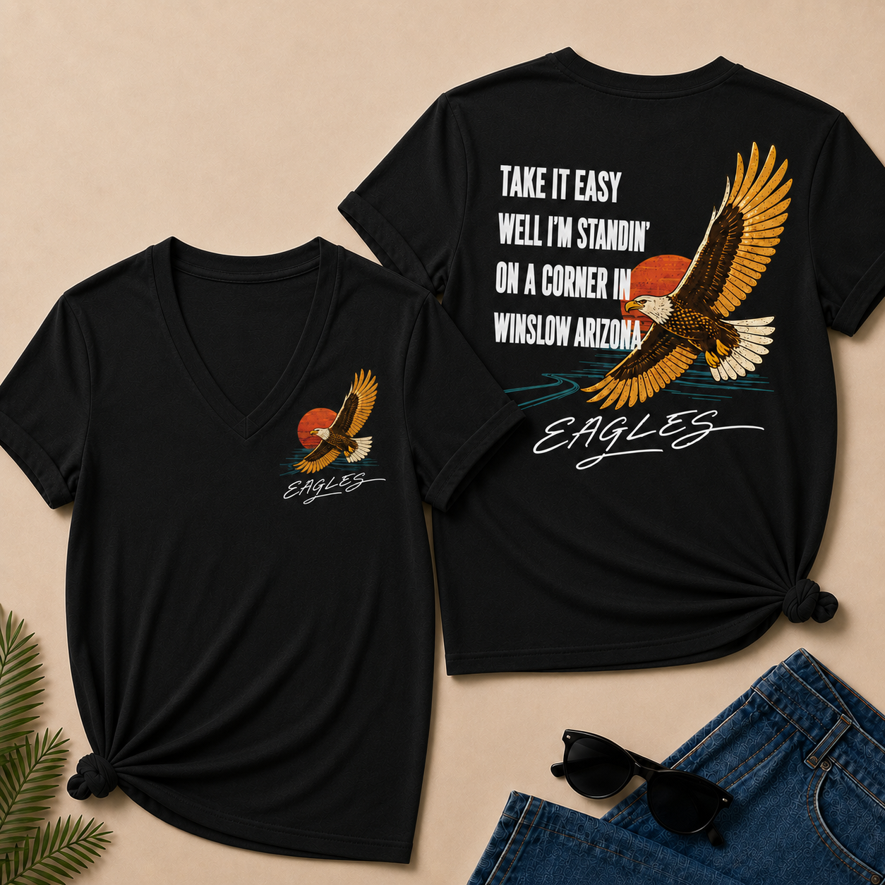 Take It Easy Well I’m Standin’ On A Corner In Winslow Arizona Eagles V-Neck T-Shirt
