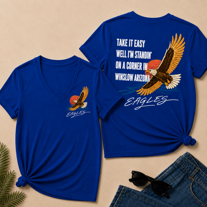 Take It Easy Well I’m Standin’ On A Corner In Winslow Arizona Eagles V-Neck T-Shirt