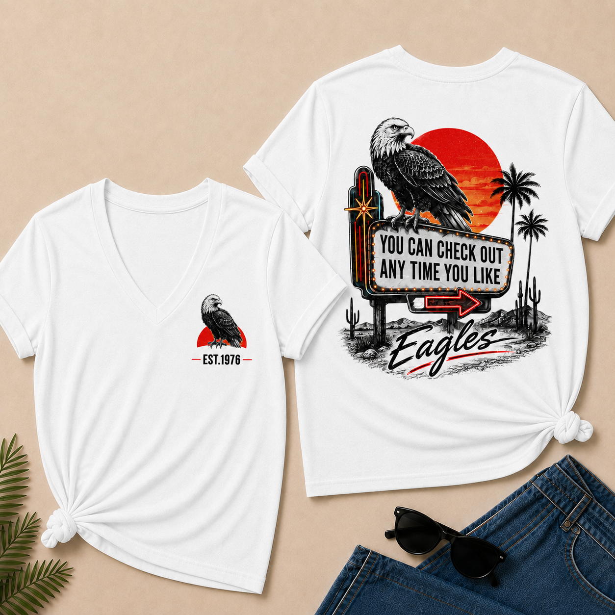 Custom Year Shirt — EST. [YOUR YEAR] |You Can Check Out Any Time You Like Eagles  V-Neck T-Shirt