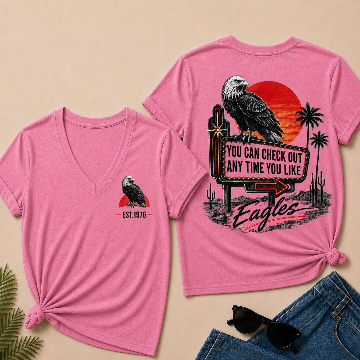 Custom Year Shirt — EST. [YOUR YEAR] |You Can Check Out Any Time You Like Eagles  V-Neck T-Shirt