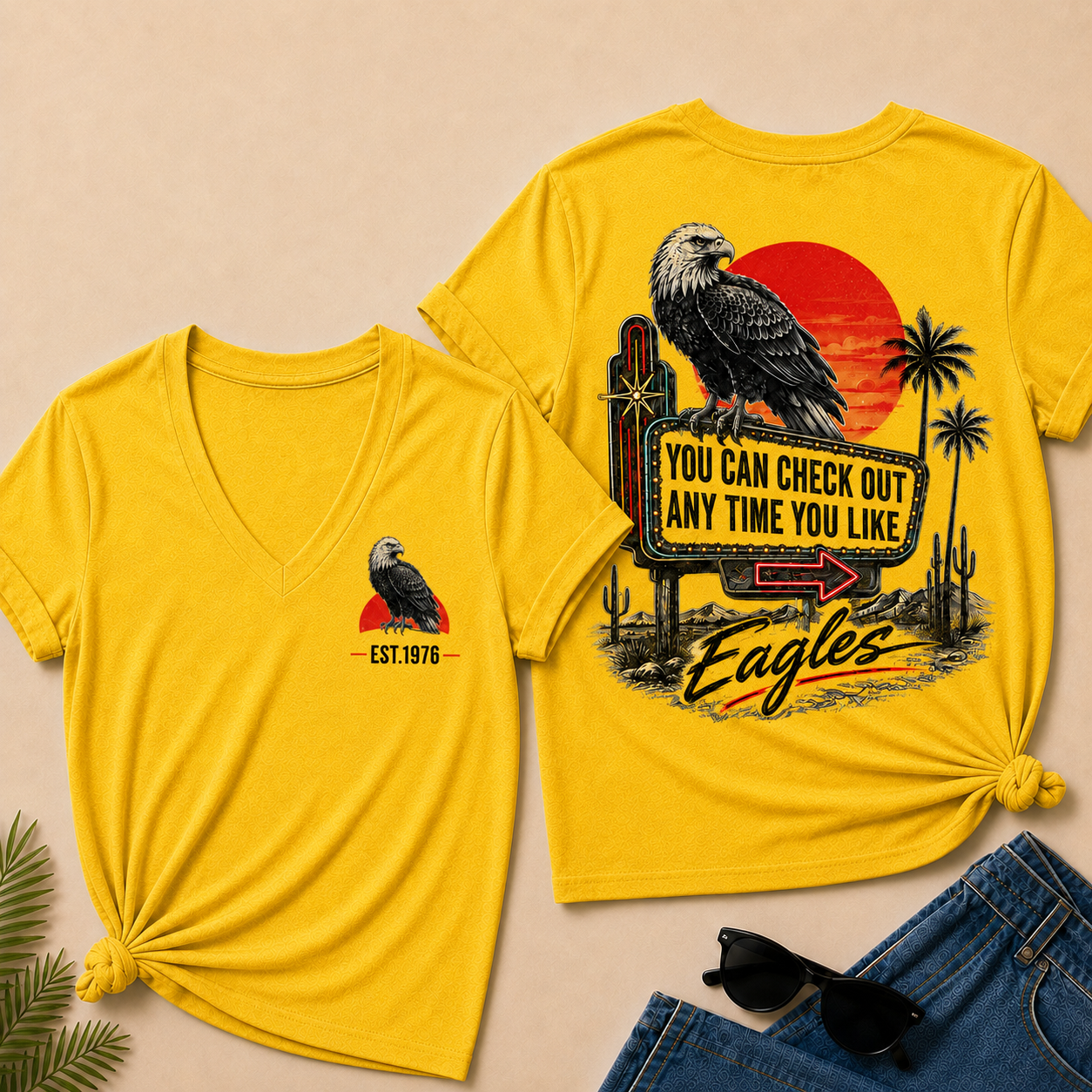 Custom Year Shirt — EST. [YOUR YEAR] |You Can Check Out Any Time You Like Eagles  V-Neck T-Shirt