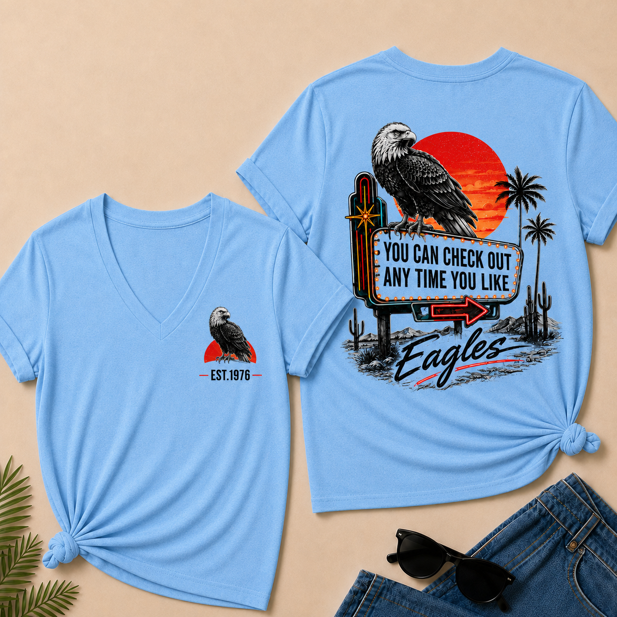 Custom Year Shirt — EST. [YOUR YEAR] |You Can Check Out Any Time You Like Eagles  V-Neck T-Shirt