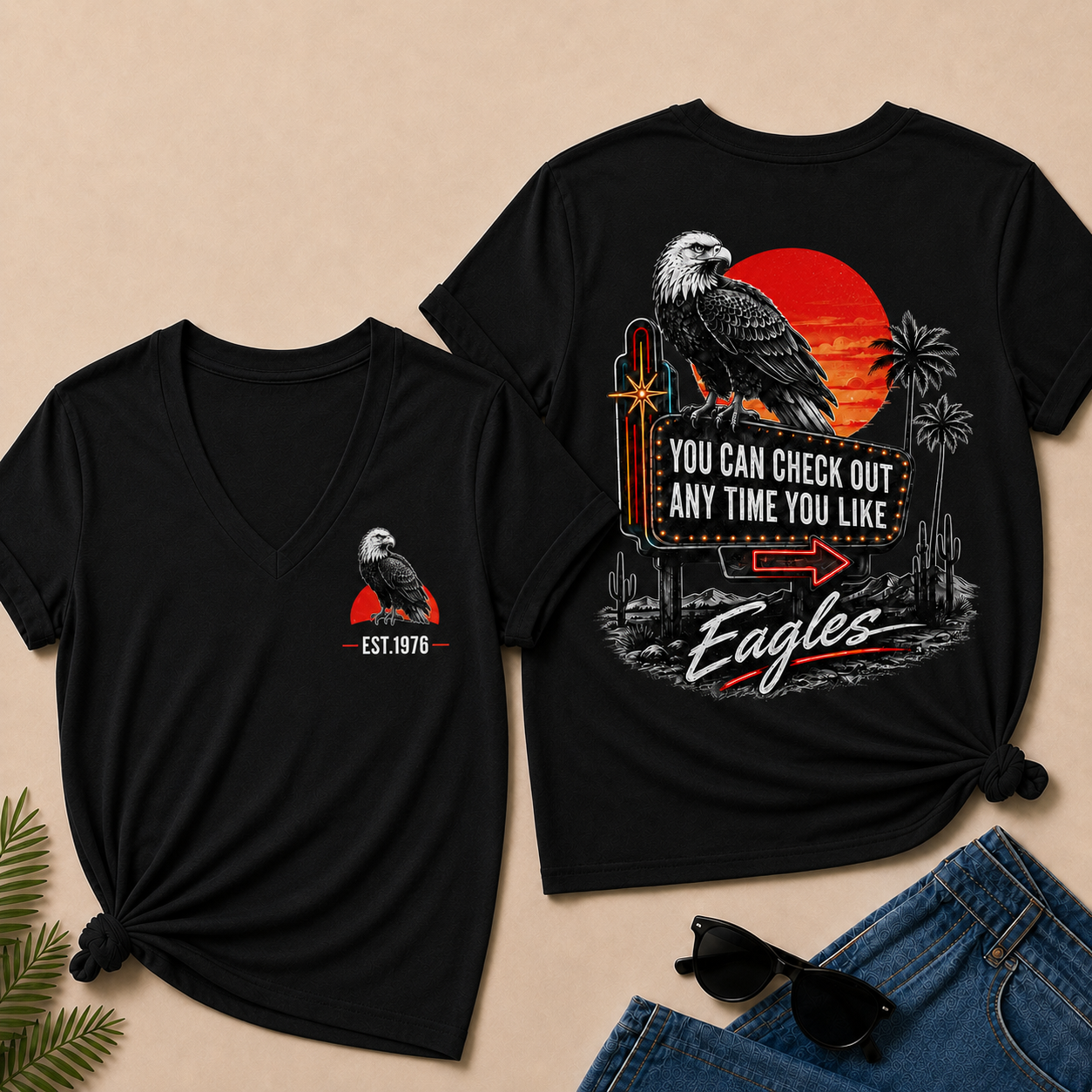 Custom Year Shirt — EST. [YOUR YEAR] |You Can Check Out Any Time You Like Eagles  V-Neck T-Shirt