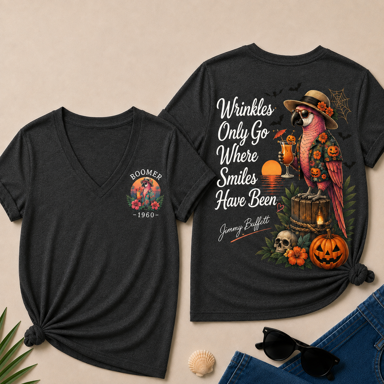 Custom Year Shirt — BOOMER. [YOUR YEAR] |Halloween Wrinkles Only Go Where Smiles Have Been – Jimmy Buffett Tribute V-Neck T-Shirt