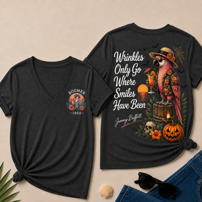 Custom Year Shirt — BOOMER. [YOUR YEAR] |Halloween Wrinkles Only Go Where Smiles Have Been – Jimmy Buffett Tribute V-Neck T-Shirt