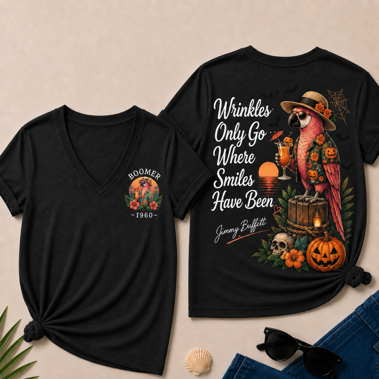 Custom Year Shirt — BOOMER. [YOUR YEAR] |Halloween Wrinkles Only Go Where Smiles Have Been – Jimmy Buffett Tribute V-Neck T-Shirt
