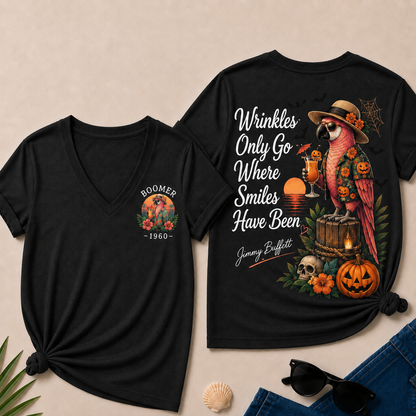 Custom Year Shirt — BOOMER. [YOUR YEAR] |Halloween Wrinkles Only Go Where Smiles Have Been – Jimmy Buffett Tribute V-Neck T-Shirt