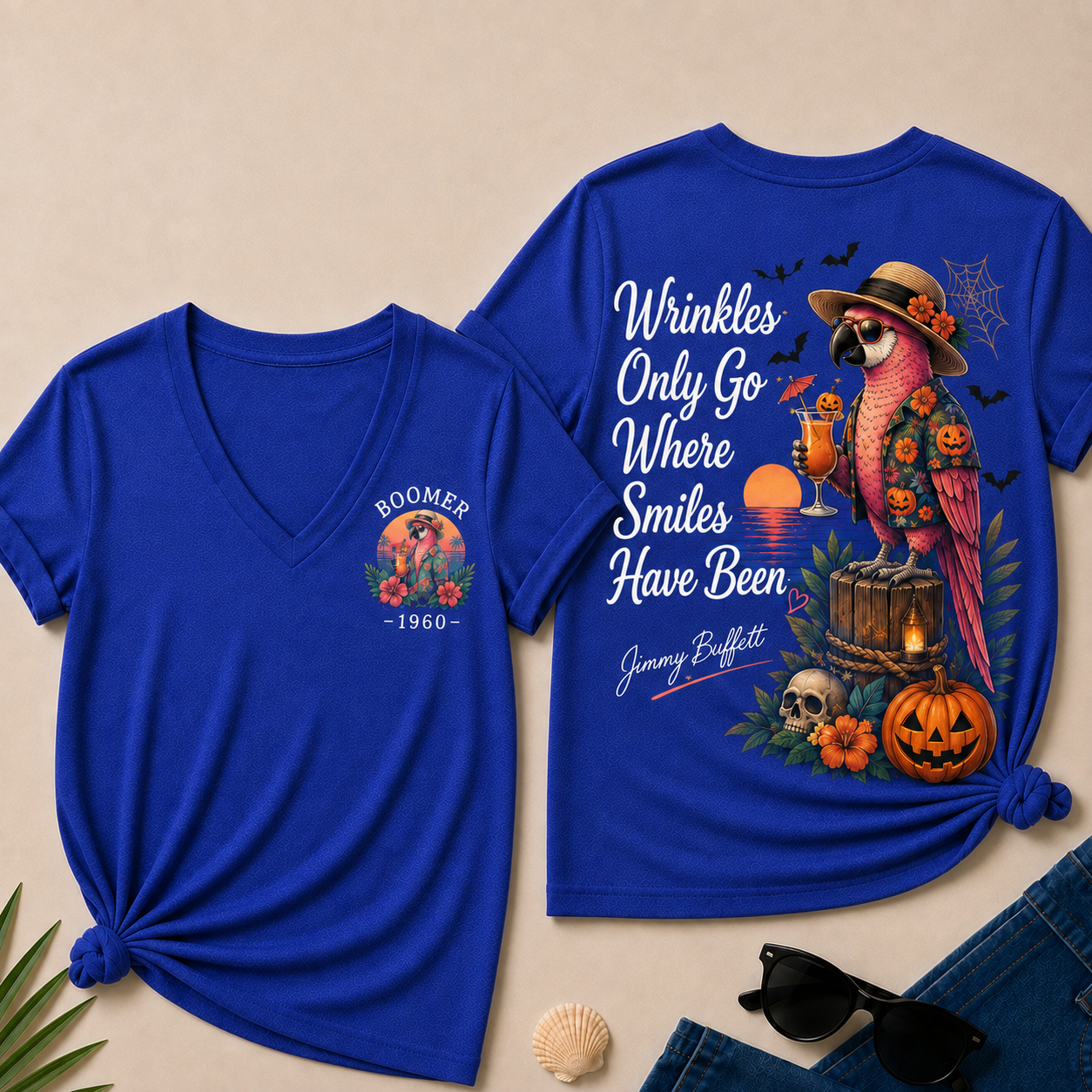 Custom Year Shirt — BOOMER. [YOUR YEAR] |Halloween Wrinkles Only Go Where Smiles Have Been – Jimmy Buffett Tribute V-Neck T-Shirt
