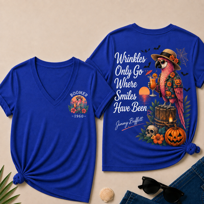 Custom Year Shirt — BOOMER. [YOUR YEAR] |Halloween Wrinkles Only Go Where Smiles Have Been – Jimmy Buffett Tribute V-Neck T-Shirt