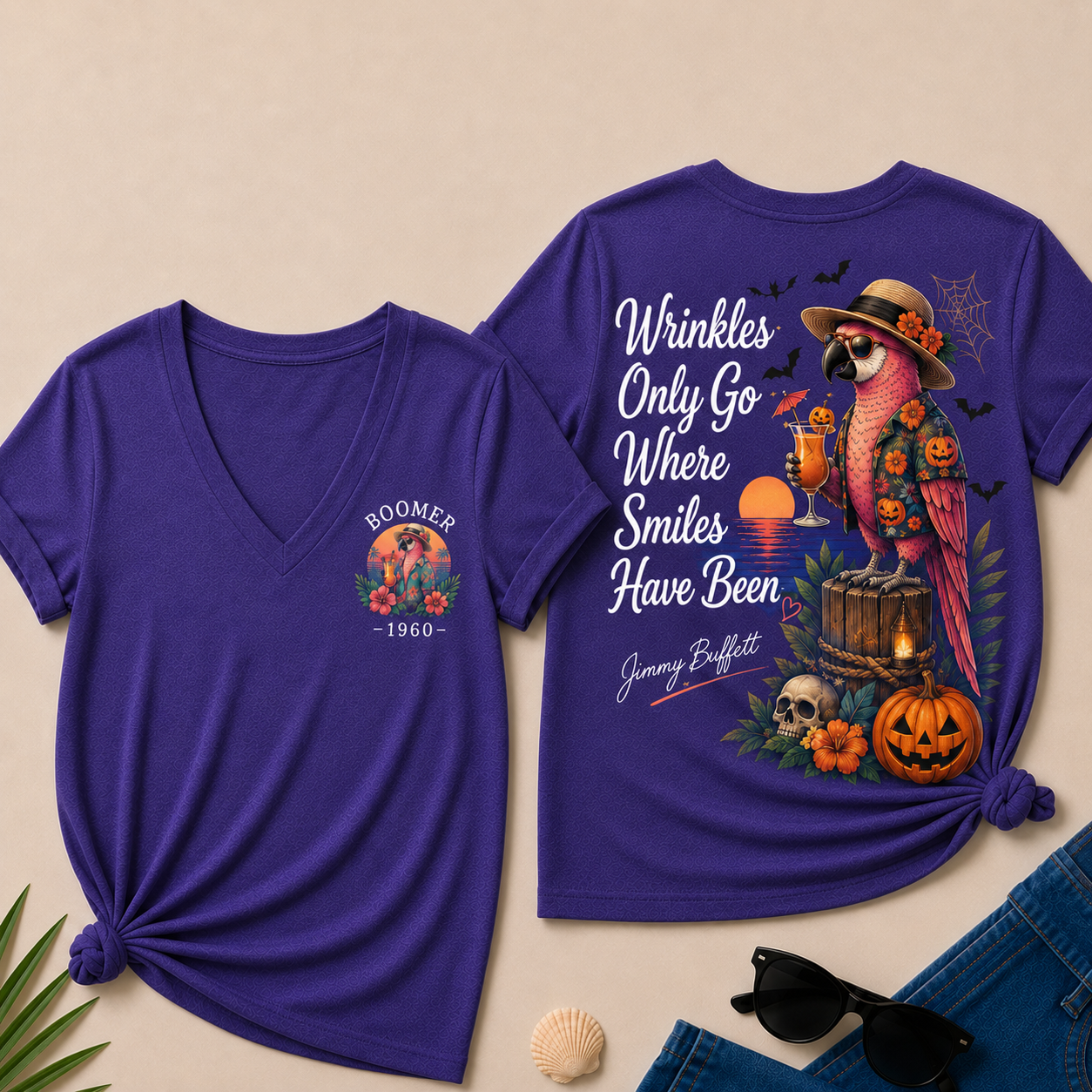 Custom Year Shirt — BOOMER. [YOUR YEAR] |Halloween Wrinkles Only Go Where Smiles Have Been – Jimmy Buffett Tribute V-Neck T-Shirt