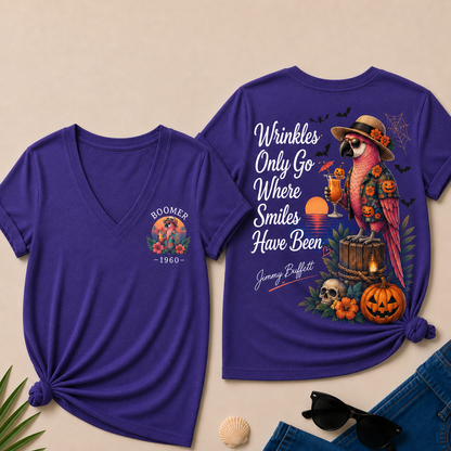 Custom Year Shirt — BOOMER. [YOUR YEAR] |Halloween Wrinkles Only Go Where Smiles Have Been – Jimmy Buffett Tribute V-Neck T-Shirt