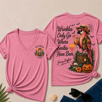 Custom Year Shirt — BOOMER. [YOUR YEAR] |Halloween Wrinkles Only Go Where Smiles Have Been – Jimmy Buffett Tribute V-Neck T-Shirt
