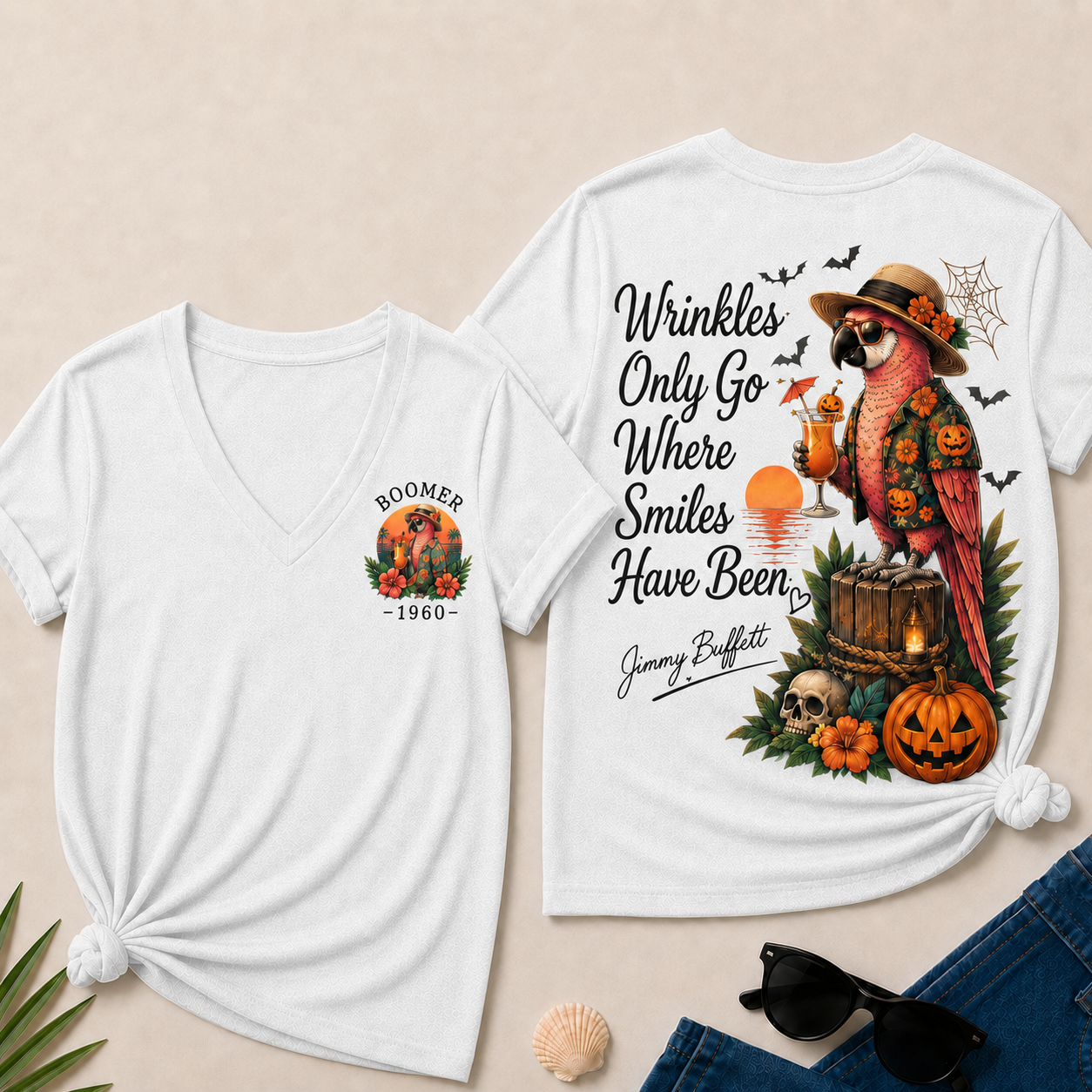 Custom Year Shirt — BOOMER. [YOUR YEAR] |Halloween Wrinkles Only Go Where Smiles Have Been – Jimmy Buffett Tribute V-Neck T-Shirt