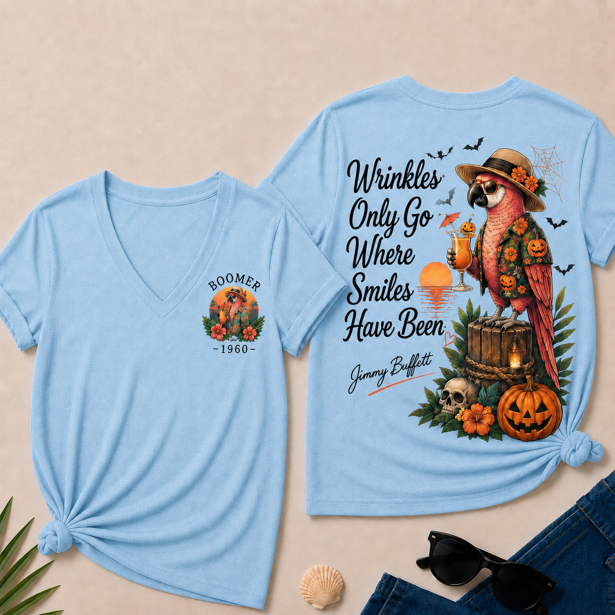 Custom Year Shirt — BOOMER. [YOUR YEAR] |Halloween Wrinkles Only Go Where Smiles Have Been – Jimmy Buffett Tribute V-Neck T-Shirt