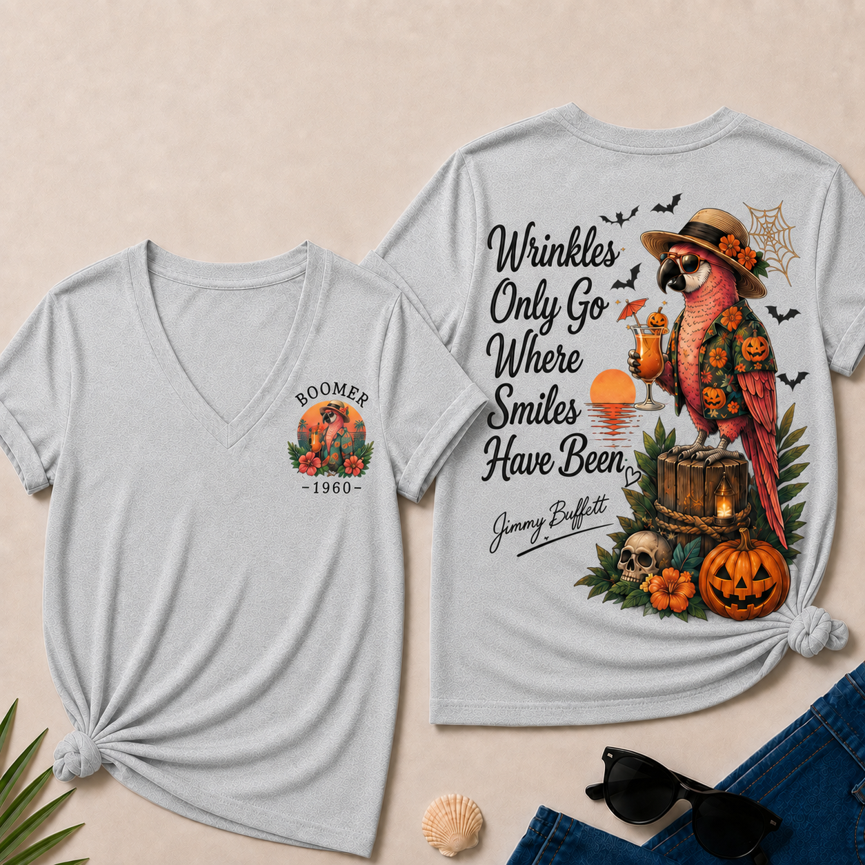 Custom Year Shirt — BOOMER. [YOUR YEAR] |Halloween Wrinkles Only Go Where Smiles Have Been – Jimmy Buffett Tribute V-Neck T-Shirt