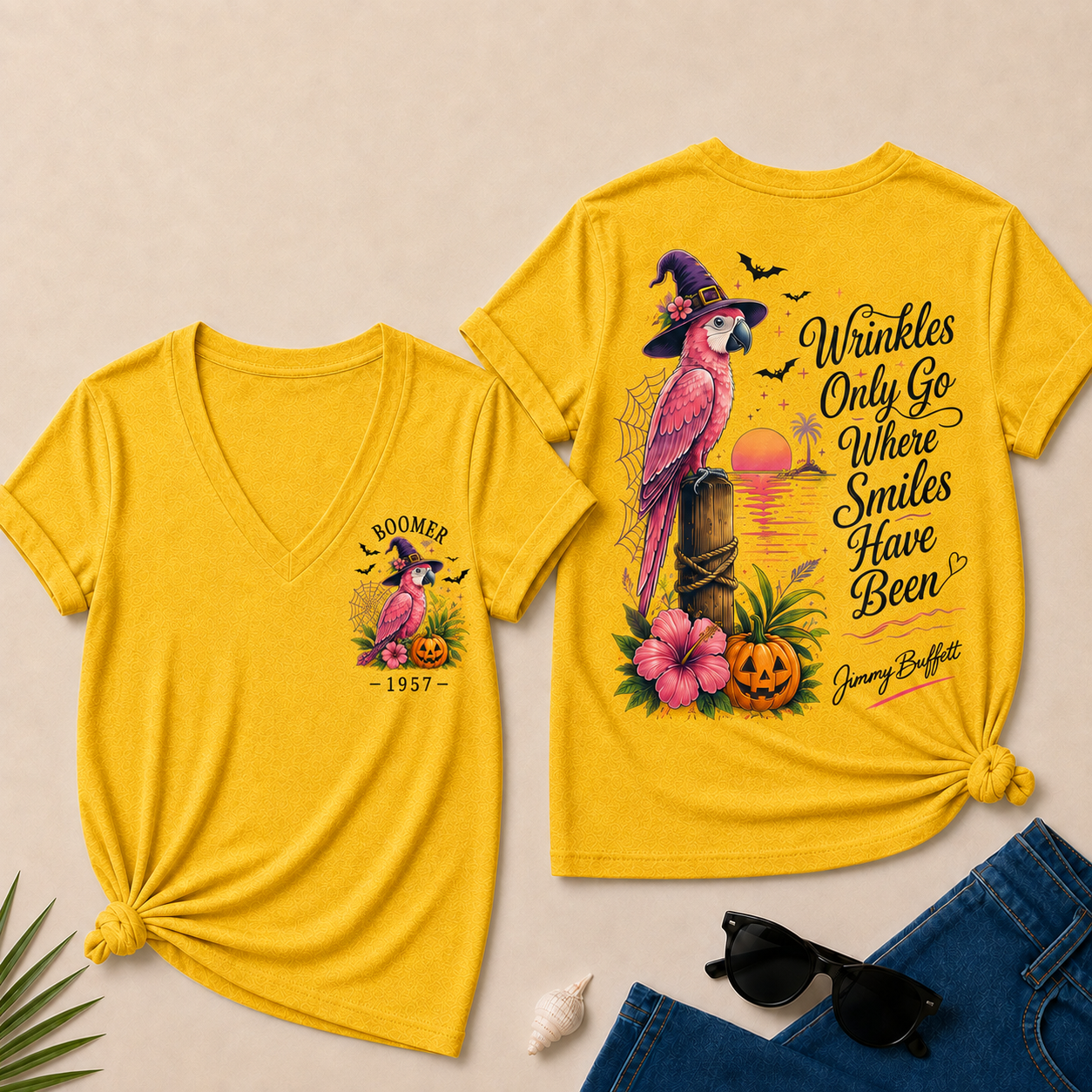 Custom Year Shirt — BOOMER. [YOUR YEAR] |Halloween Wrinkles Only Go Where Smiles Have Been – Jimmy Buffett Tribute V-Neck T-Shirt