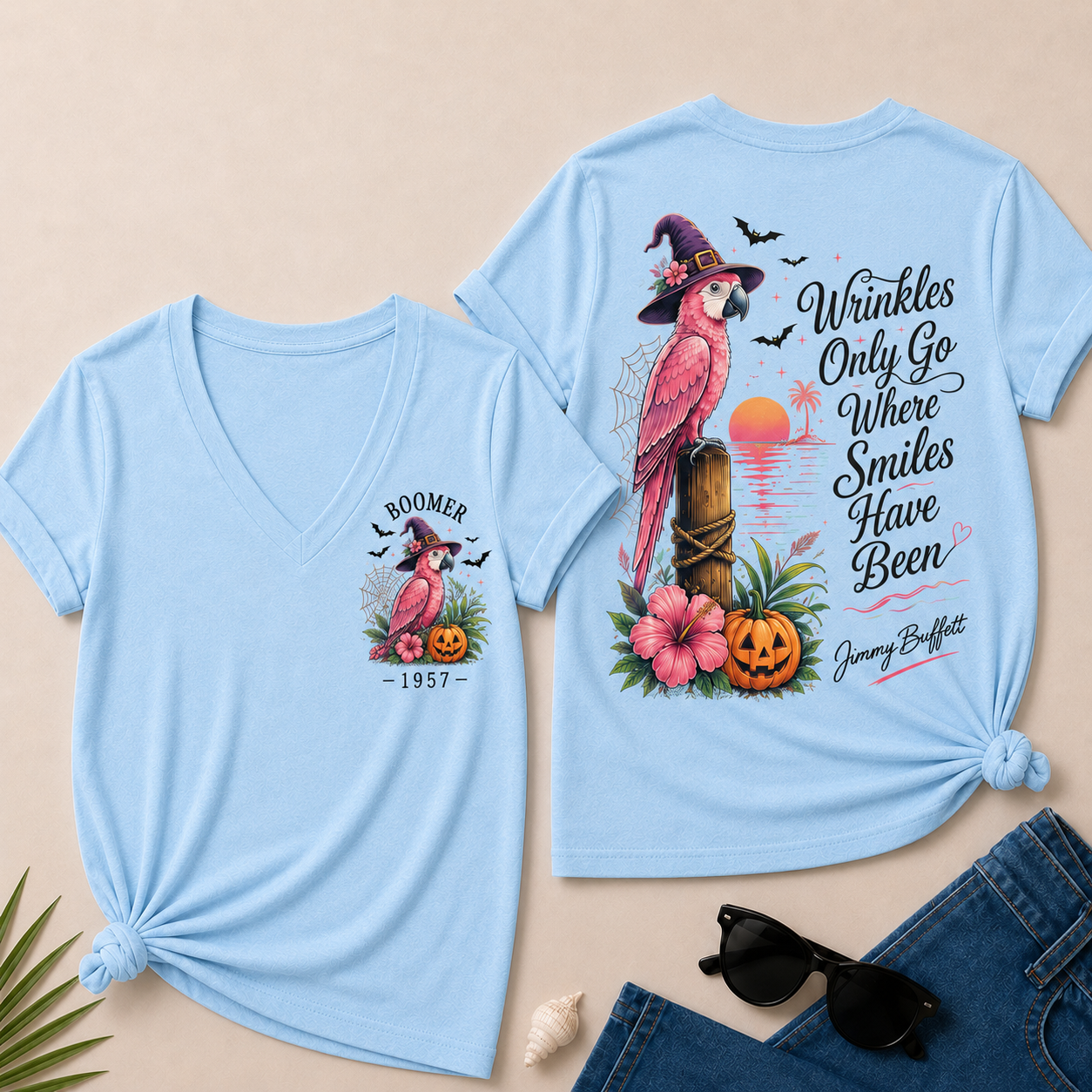 Custom Year Shirt — BOOMER. [YOUR YEAR] |Halloween Wrinkles Only Go Where Smiles Have Been – Jimmy Buffett Tribute V-Neck T-Shirt