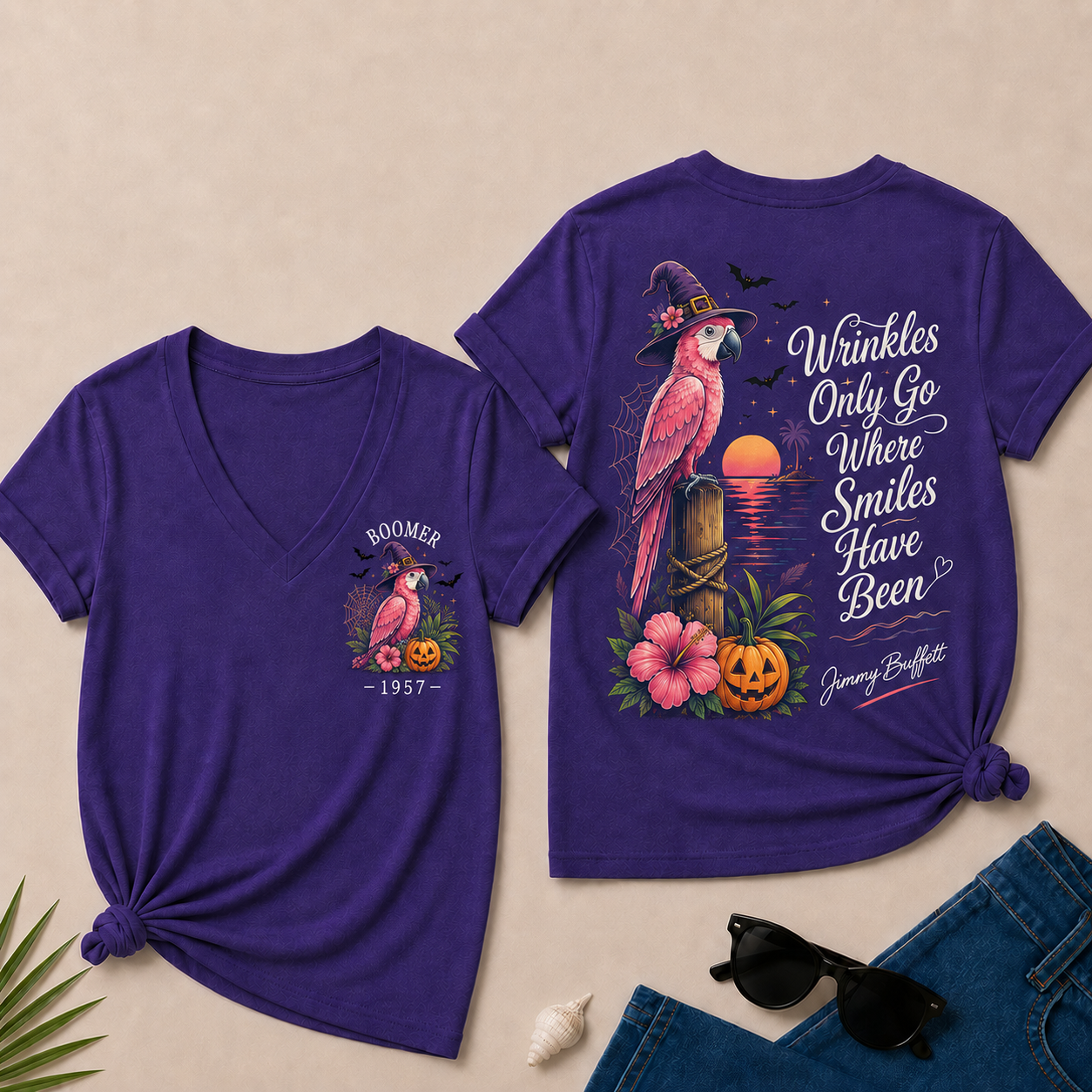Custom Year Shirt — BOOMER. [YOUR YEAR] |Halloween Wrinkles Only Go Where Smiles Have Been – Jimmy Buffett Tribute V-Neck T-Shirt