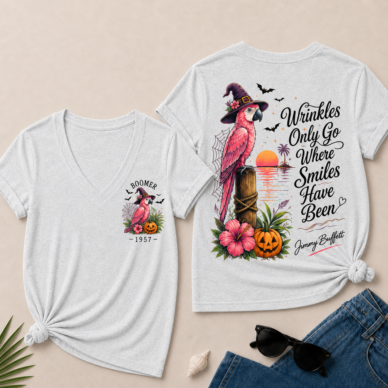 Custom Year Shirt — BOOMER. [YOUR YEAR] |Halloween Wrinkles Only Go Where Smiles Have Been – Jimmy Buffett Tribute V-Neck T-Shirt
