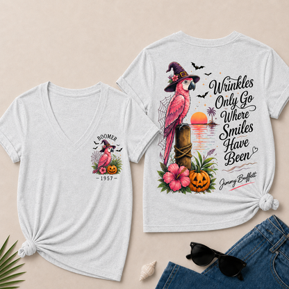 Custom Year Shirt — BOOMER. [YOUR YEAR] |Halloween Wrinkles Only Go Where Smiles Have Been – Jimmy Buffett Tribute V-Neck T-Shirt