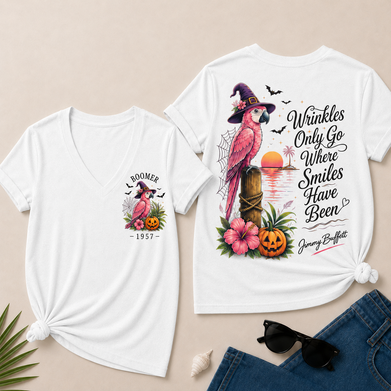 Custom Year Shirt — BOOMER. [YOUR YEAR] |Halloween Wrinkles Only Go Where Smiles Have Been – Jimmy Buffett Tribute V-Neck T-Shirt